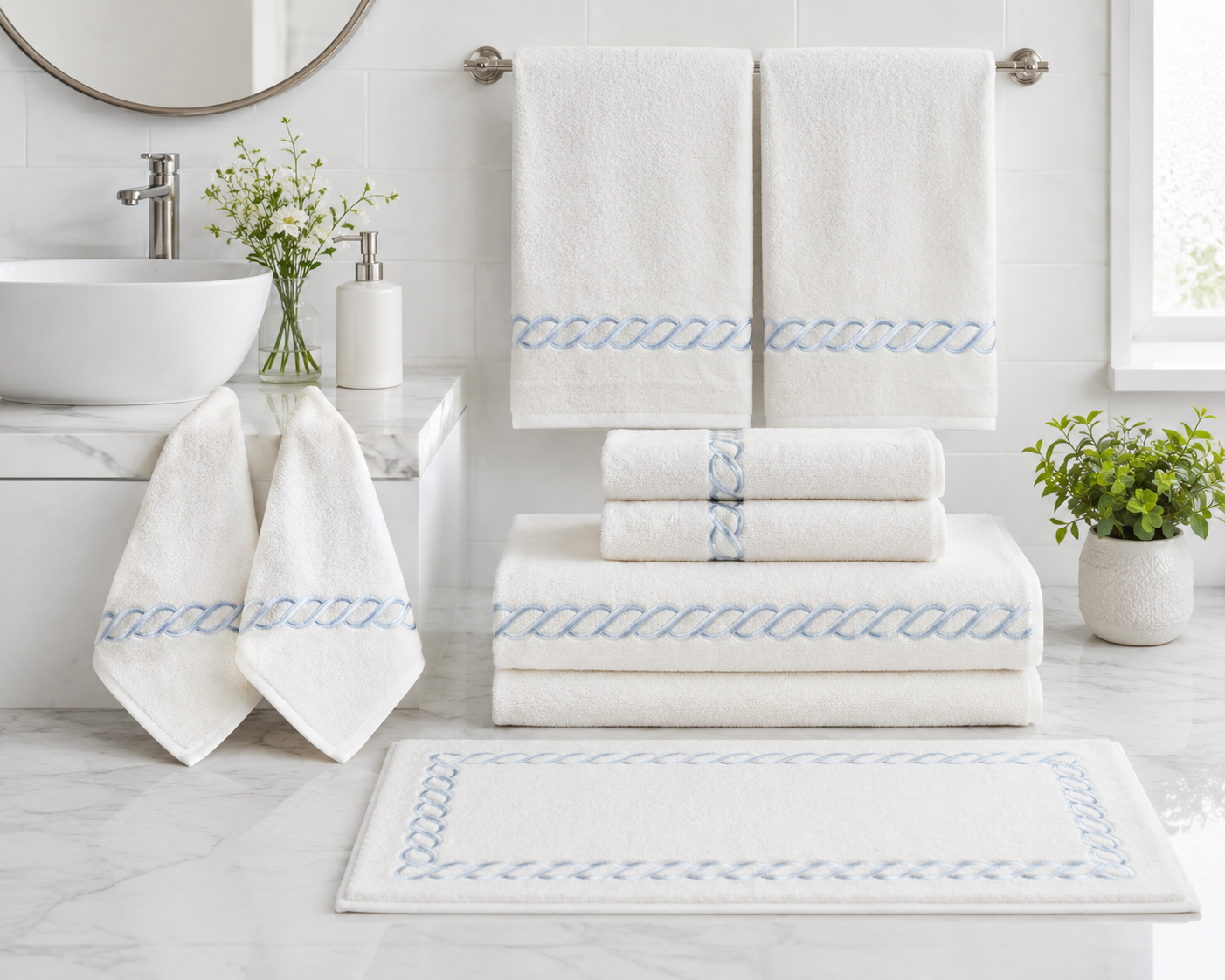 Towel Set Chain Embroidery 10 Piece with Light Blue embroidery