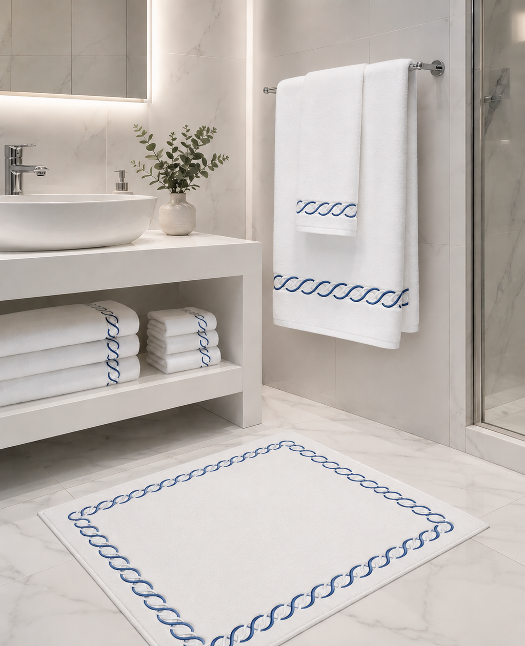 Towel Set Chain Embroidery 10 Piece with Dark Blue embroidery