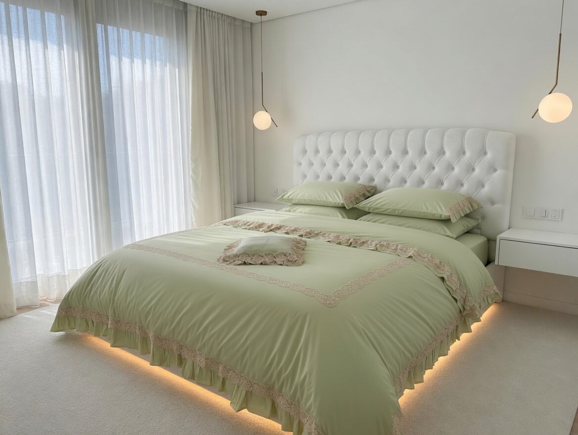 Rosalie Lace Bedsheet Set Pistachio+Lace Off-White