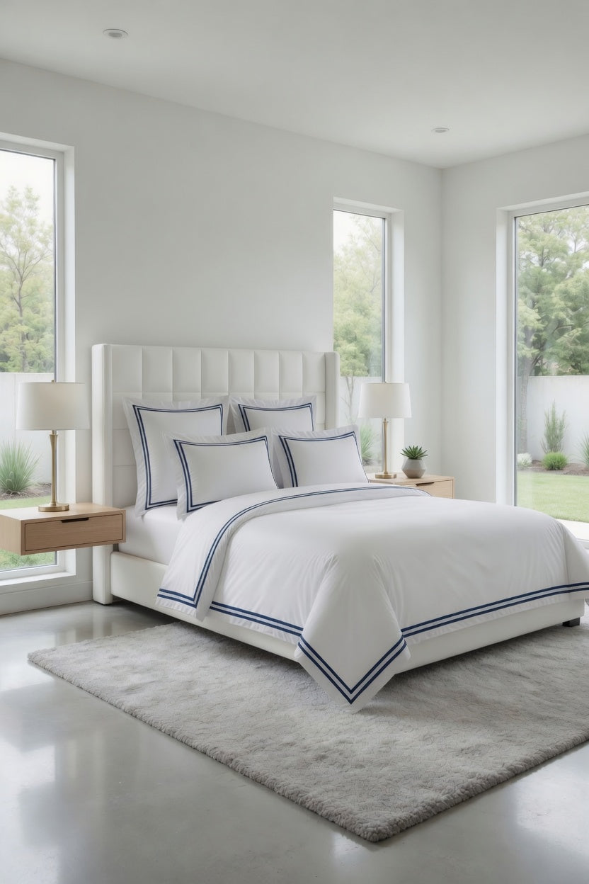 2 Line Navy Blue / White Bedsheet Set