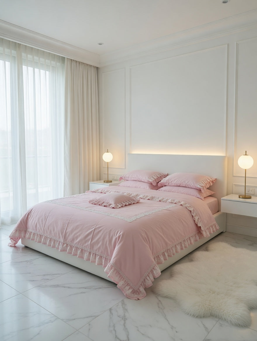Paula Lace Bedsheet Set Pink & Off white