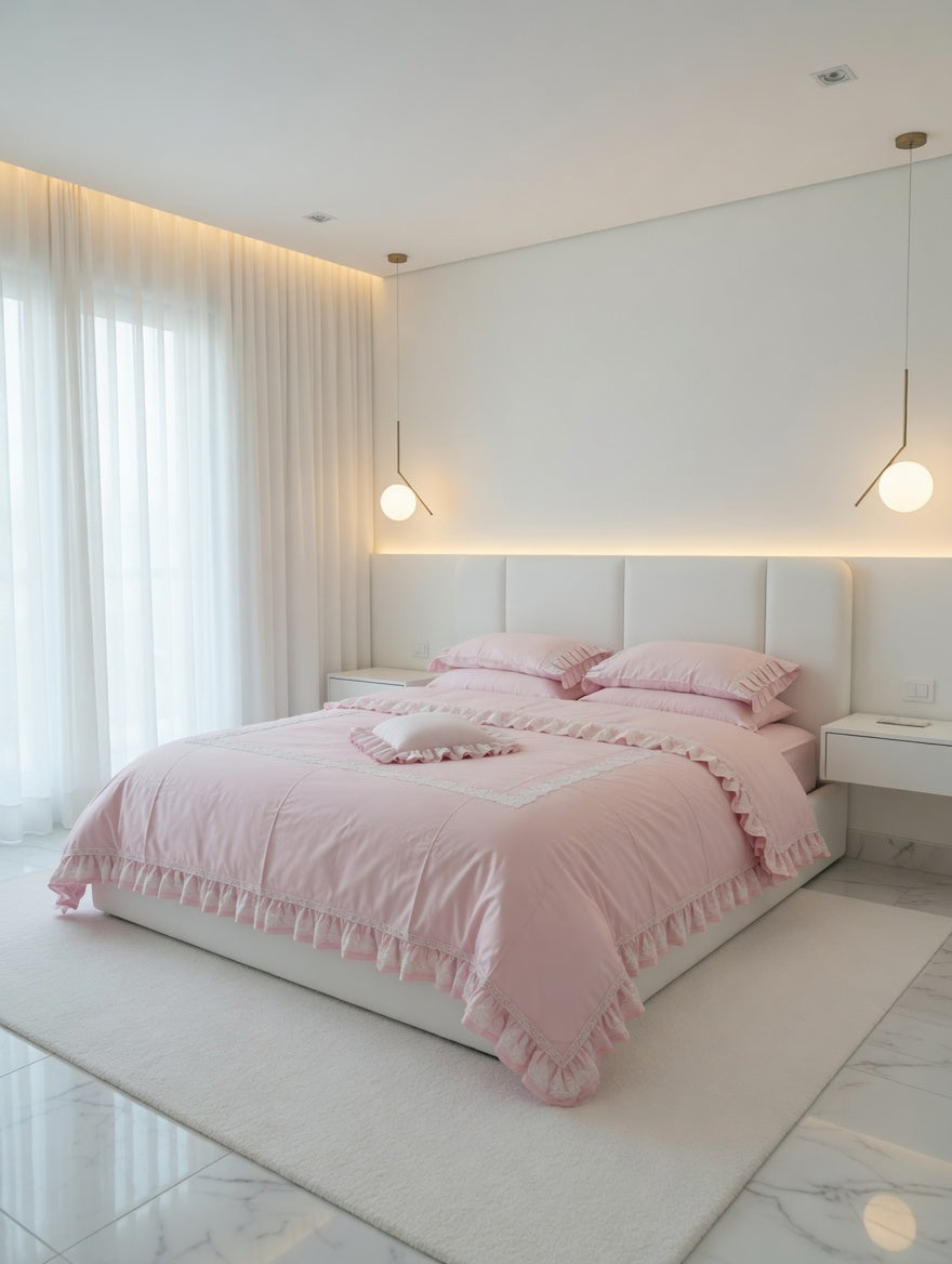 Paula Lace Bedsheet Set Pink & Off white