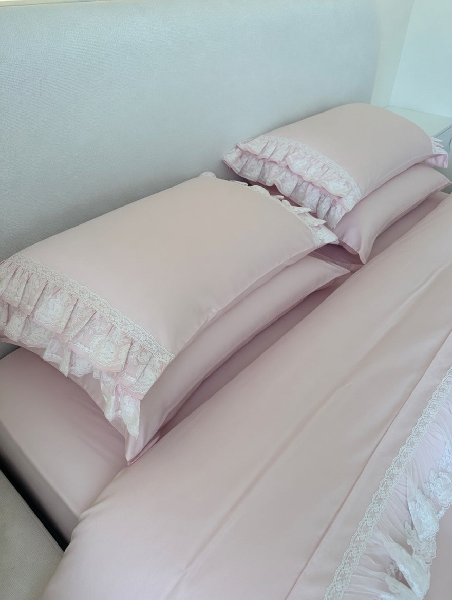 Paula Lace Bedsheet Set Pink & Off white