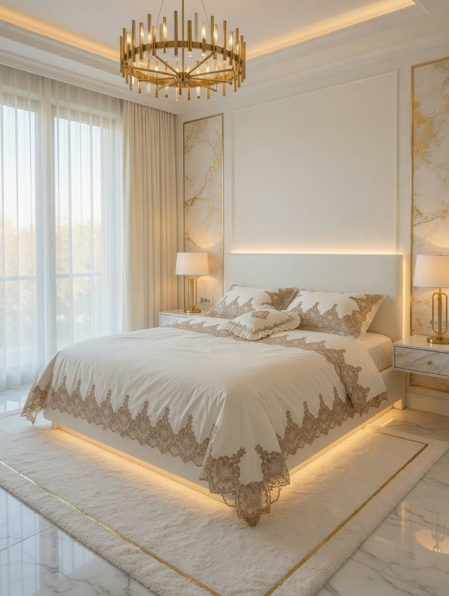 Cora 2 Lace Bedsheet Set Off-White With Golden Lace