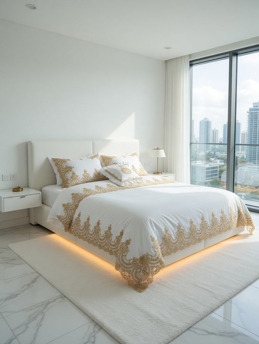 Harmony Lace Bedsheet Set Off-White With Golden Lace