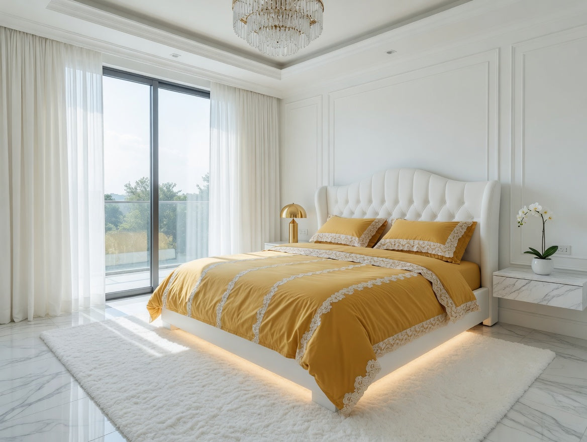 Rachel Lace Bedsheet Set Gold/mustred +Lace OFF-WHITE