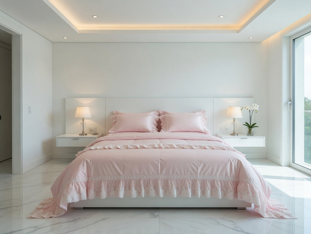 Paula Lace Bedsheet Set Pink & Off white