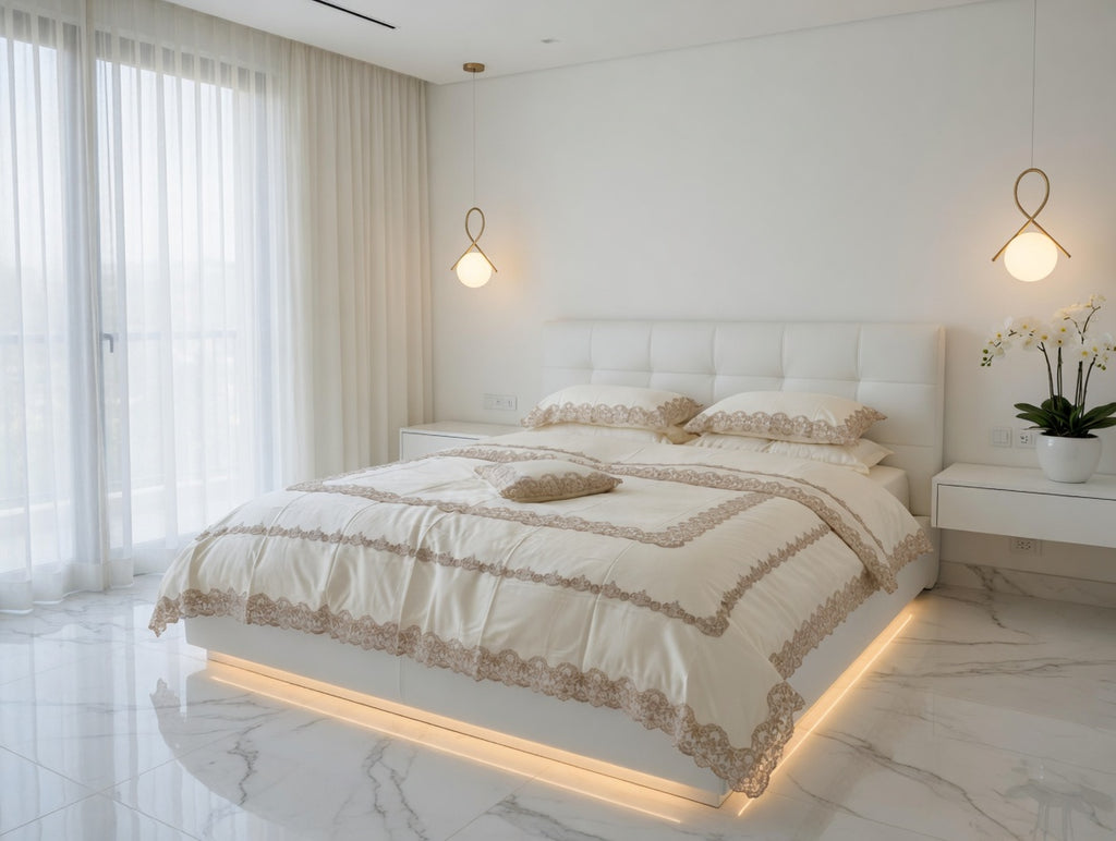 Onyx Lace Bedsheet Set Off White with Golden Lace