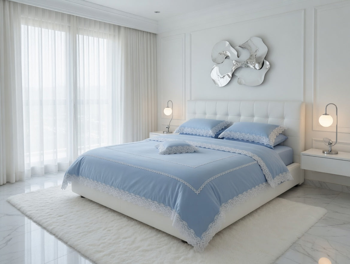 Fendy Lace Bedsheet Set Blue+Lace WHITE