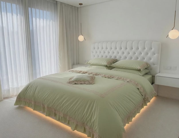 Rosalie Lace Bedsheet Set Pistachio+Lace Off-White