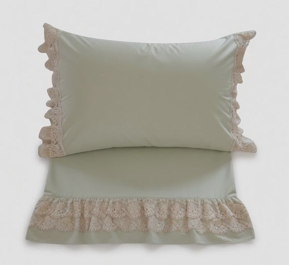 Rosalie Lace Bedsheet Set Pistachio+Lace Off-White
